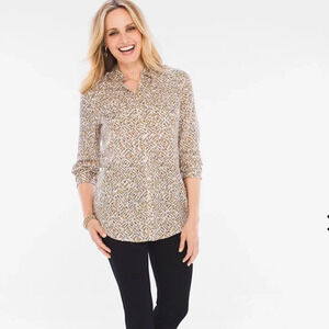 Chico’s Women's Key Print Button Down Women’s Shirt with Long Sleeves size 3‎